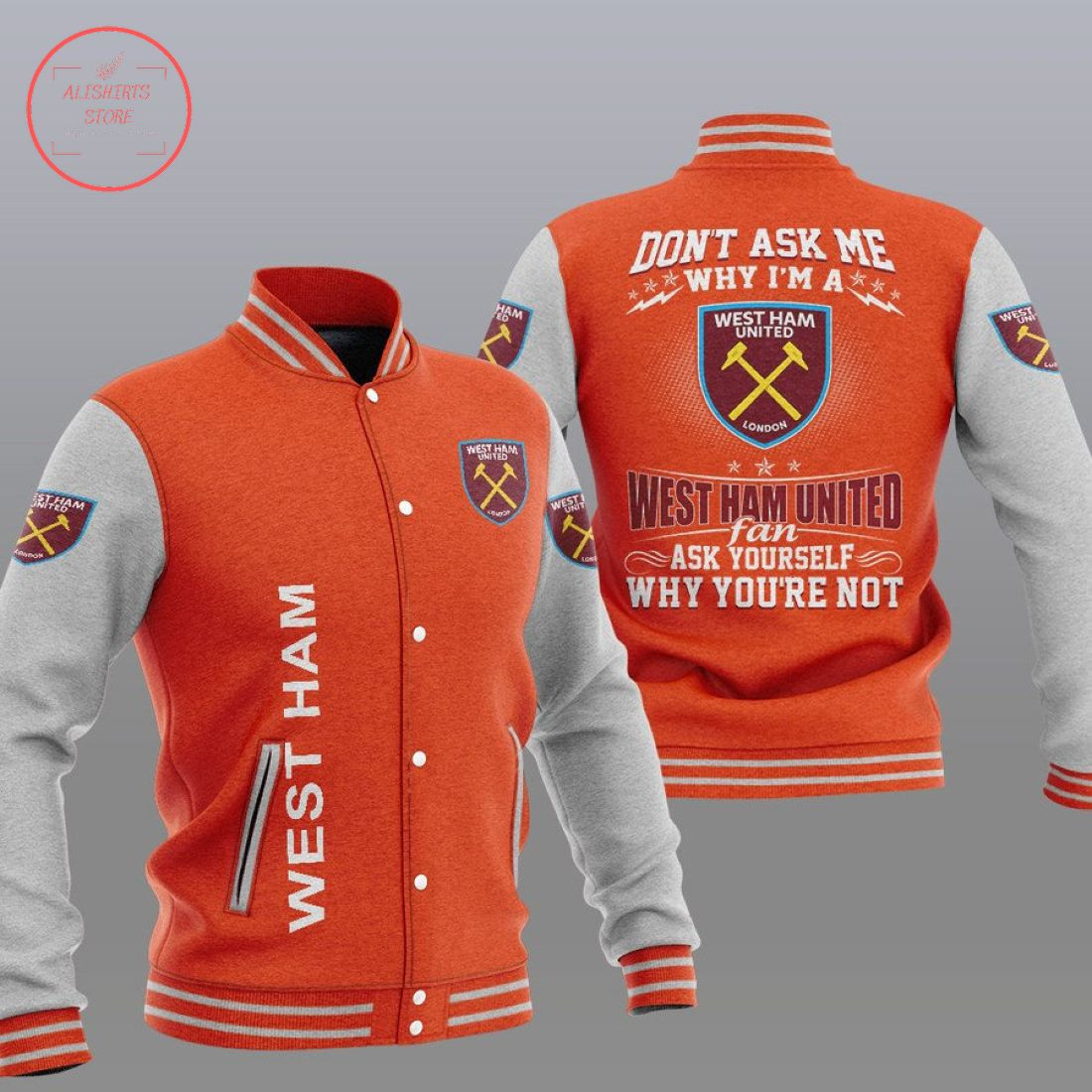 West Ham United FC Orange Why Not Baseball Jacket Varsity Baseball Jacket for Men & Women | Soccer Team Fan Gift