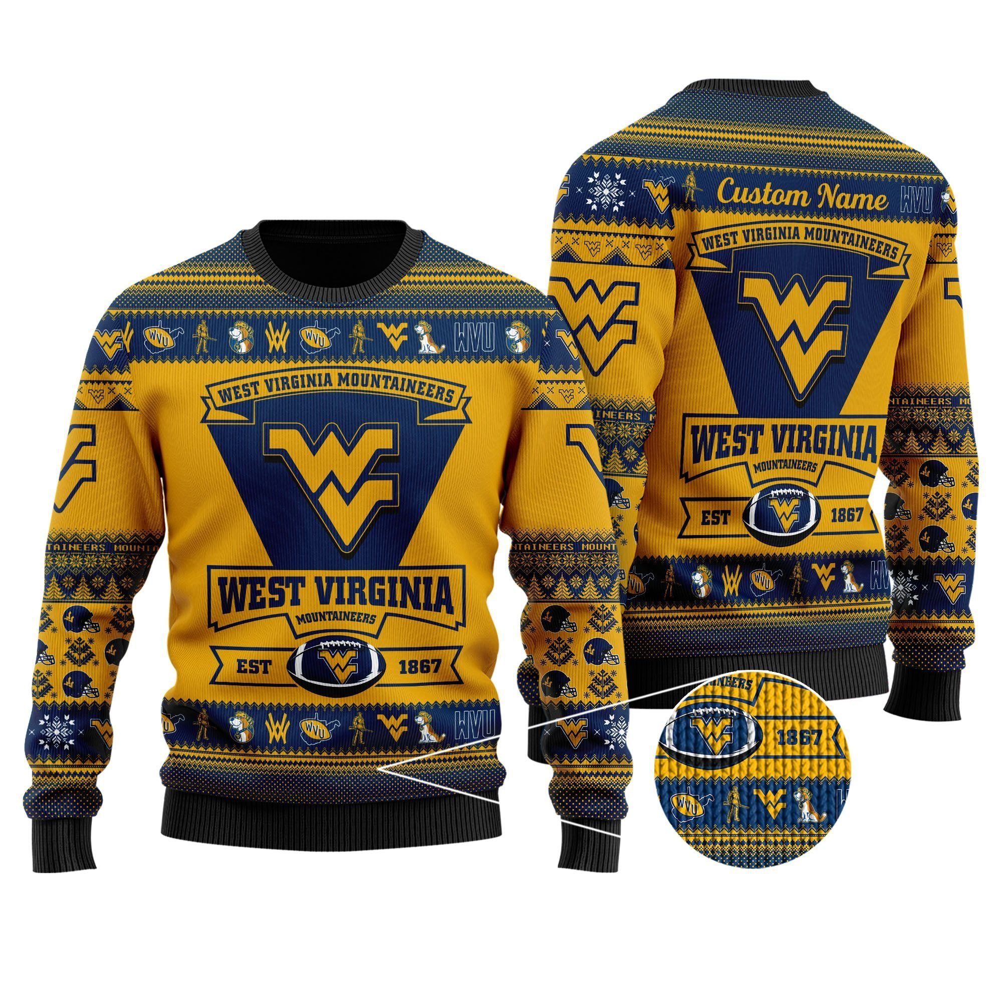 West Virginia Mountaineers Football Team Logo Custom Name Personalized Ugly Christmas Sweater Holiday Party Men Women Plus Size