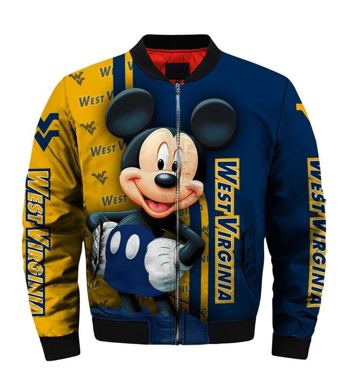 West Virginia Mountaineers Mickey Mouse Bomber Jacket | NCAA College Team Jacket for Men & Women | Sports Fan Gift