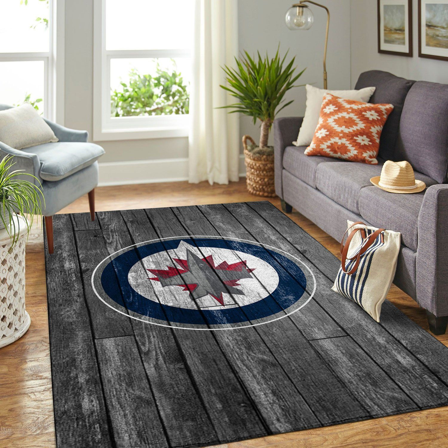 Winnipeg Jets Team Logo Grey Wooden Rectangle Area Rug – Full Print Carpet For Living Room & Bedroom Home Decor