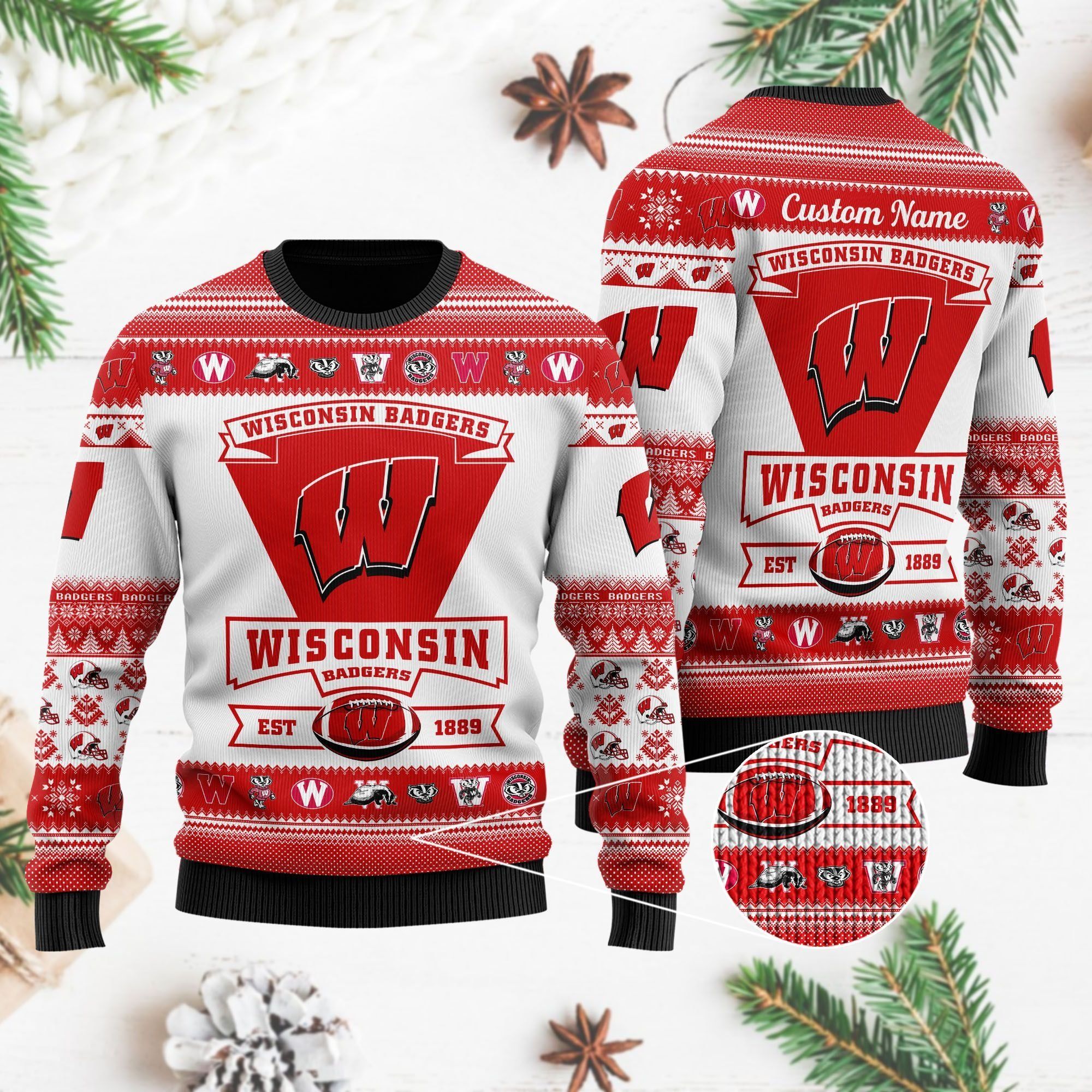 Wisconsin Badgers Football Team Logo Custom Name Personalized Ugly Christmas Sweater Holiday Party Men Women Plus Size