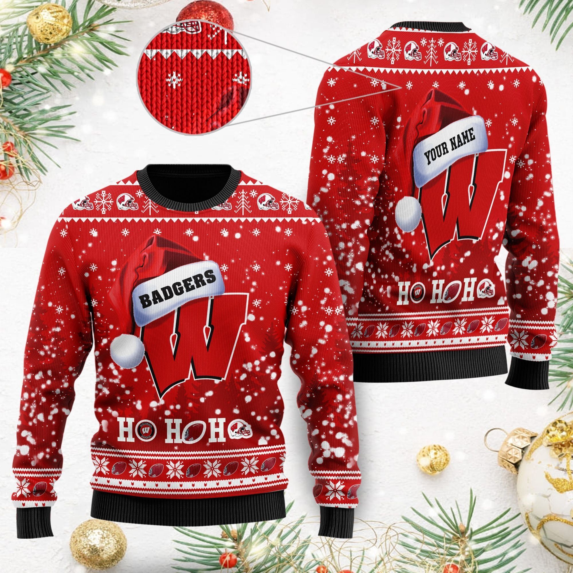 Wisconsin Badgers NCAA Symbol Wearing Santa Claus Hat Cute Pattern Ho Ho Ho Custom Personalized Ugly Christmas Sweater For Football Fans On Xmas Party