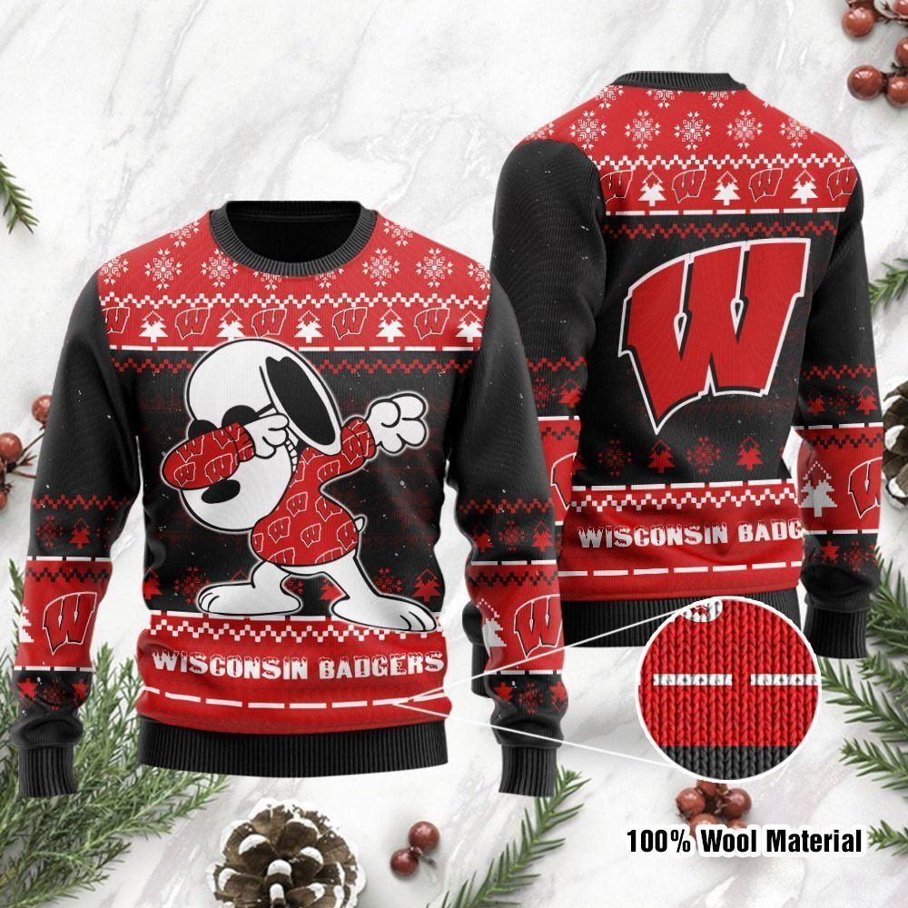 Wisconsin Badgers Snoopy Dabbing Ugly Christmas Sweater Holiday Party Men Women Full Plus Size