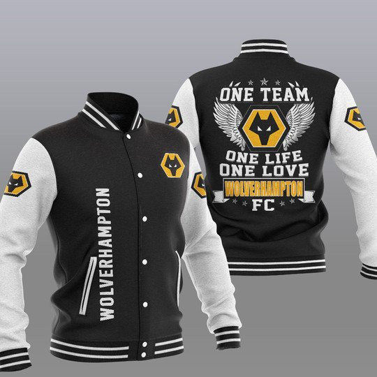 Wolverhampton Wanderers Black One Team Varsity Baseball Jacket for Men & Women | Soccer Team Fan Gift
