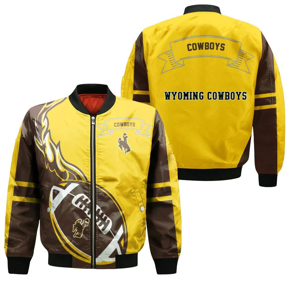 Wyoming Cowboys Flame Ball Bomber Jacket | NCAA College Team Jacket for Men & Women | Sports Fan Gift